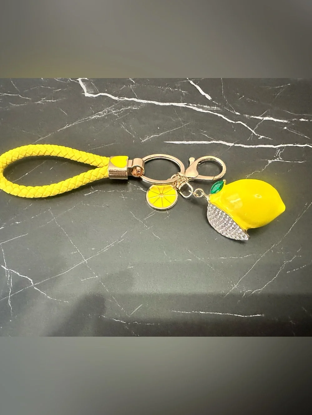Cute Yellow Lemon with Rhinestones Keychain or Bag Charm with Faux Leather Strap